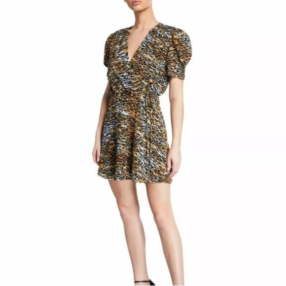 SALONI Ink Tiger Animal Print Black Lea Silk Crepe Wrap Dress 8 - Picture 1 of 14